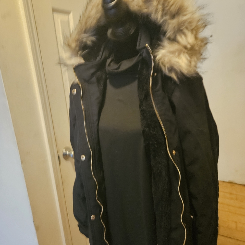 Black Puffer Jacket with Faux Fur Hood